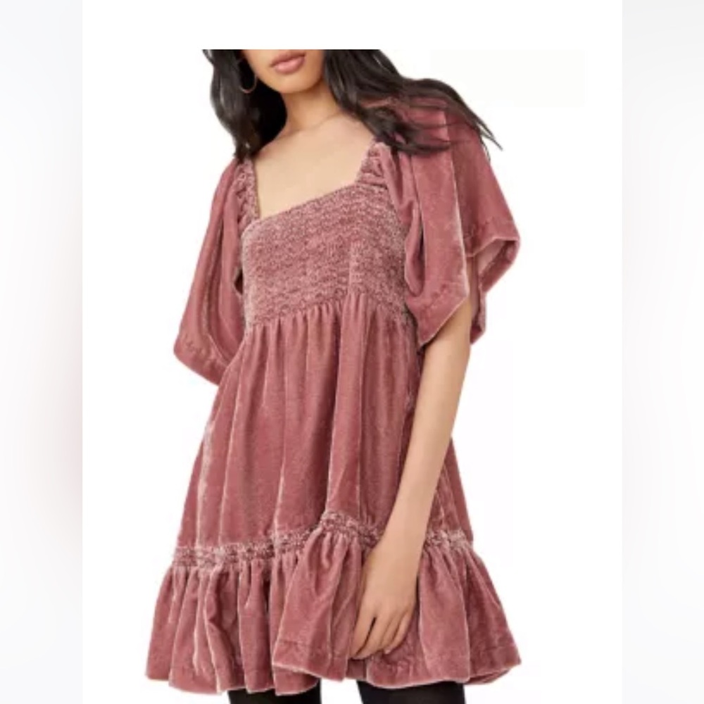 Free People Velvet- like Flutter Sleeve Bow Backed Smocked Mini Dress